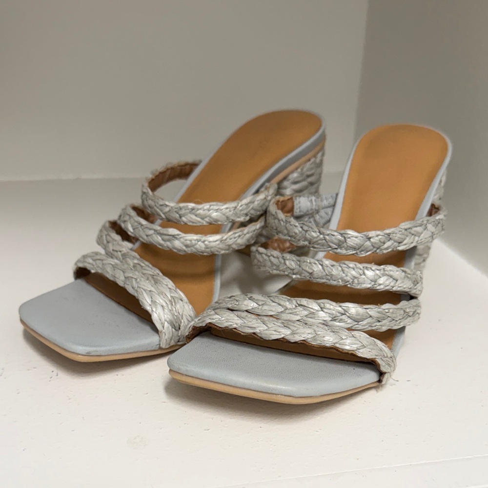 Braided Strappy Slide Heels in Light Baby Blue